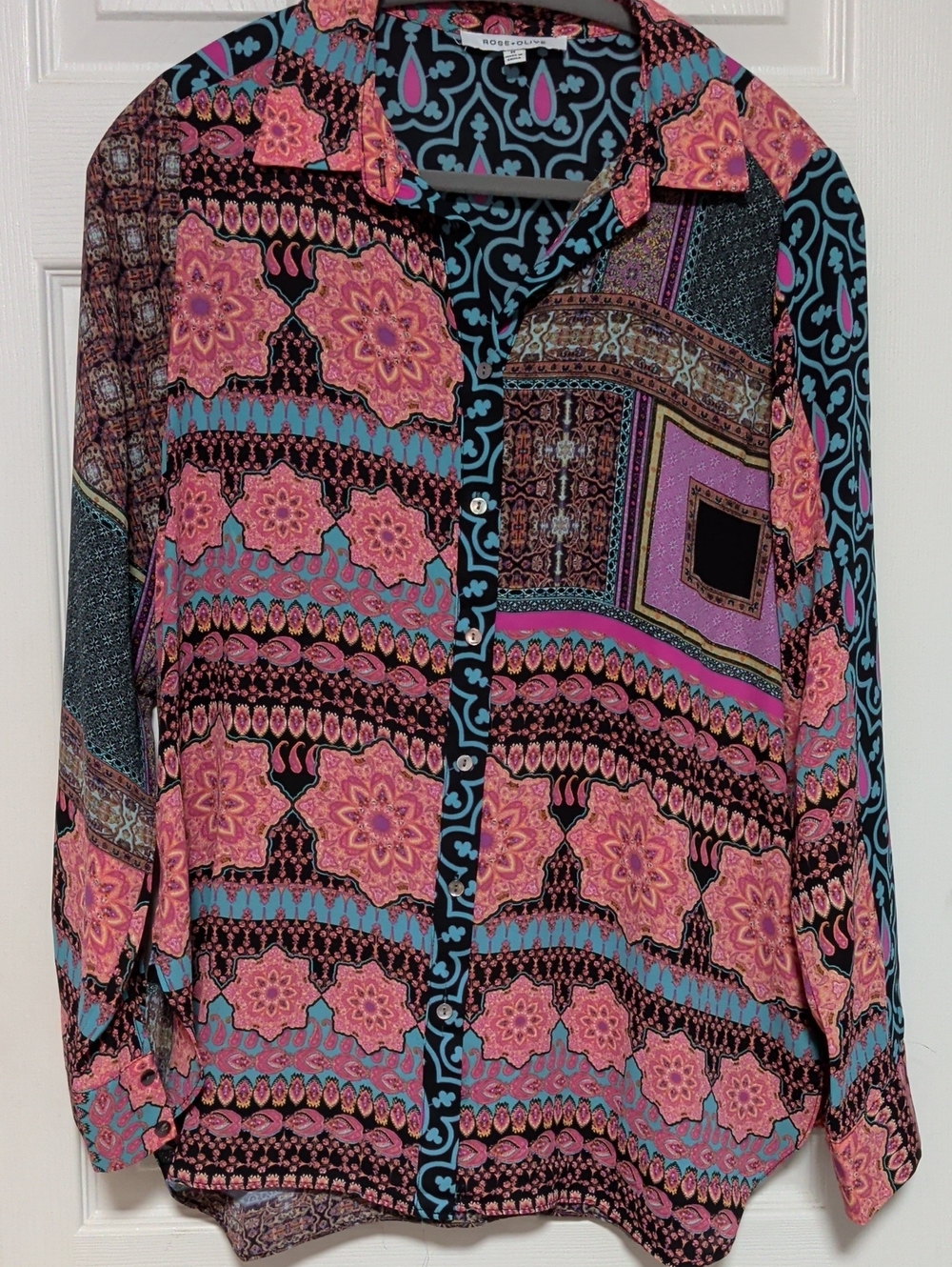 2 For $20 Rose + Olive Colorful Floral Patchwork Button-Down Blouse Pink & Blue